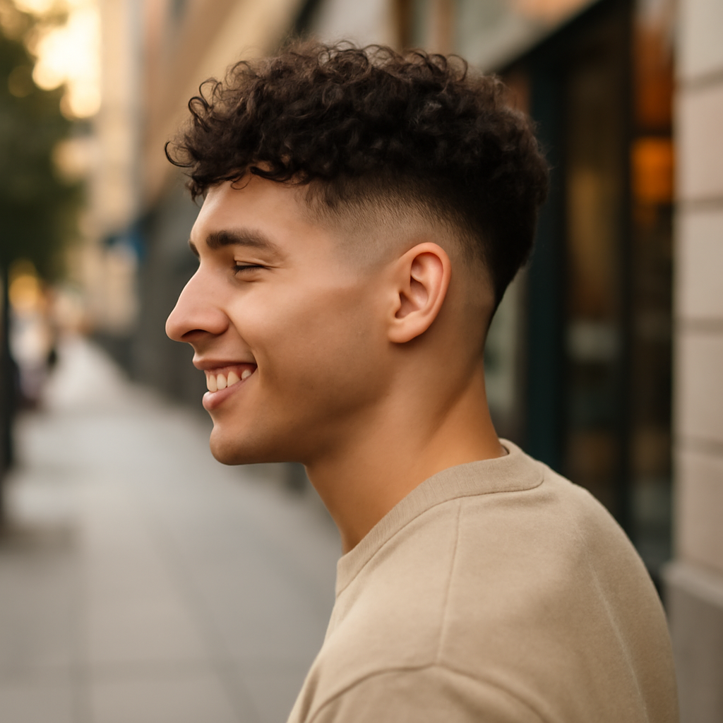 blowout low taper fade curly hair - 3/4 Profile View