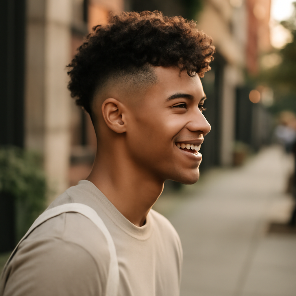 burst fade curly hair - 3/4 Profile View