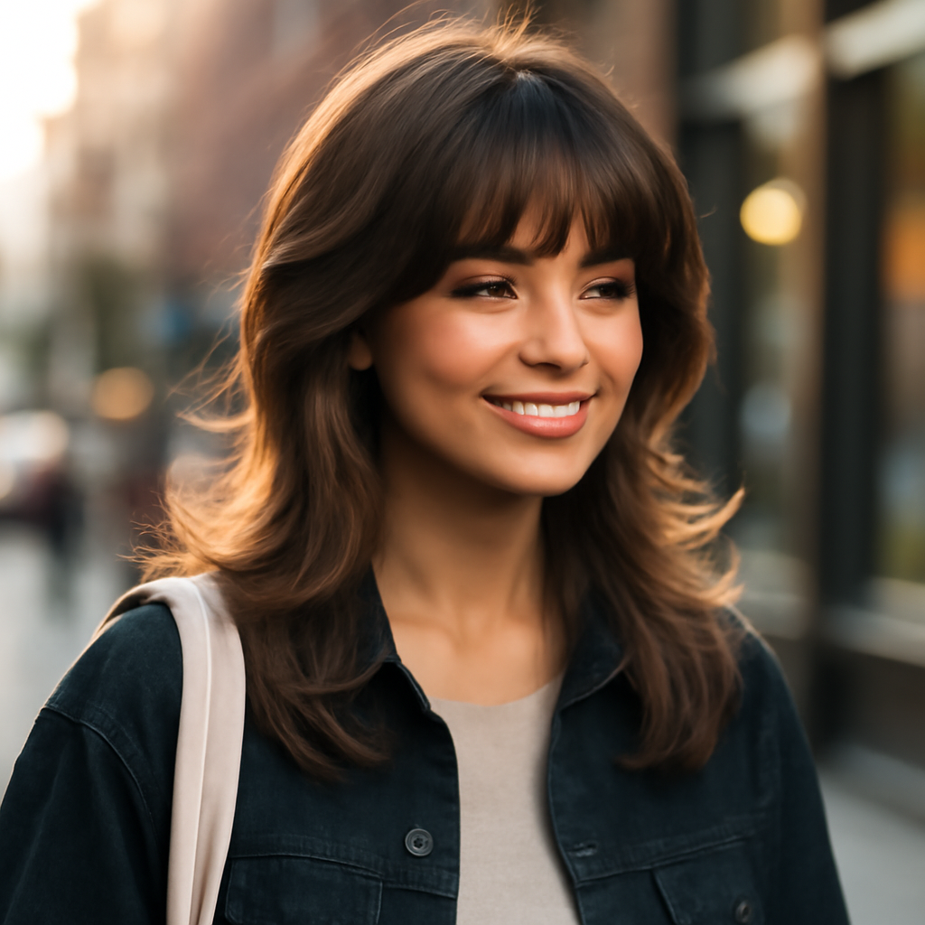 butterfly haircut with bangs - 3/4 Profile View