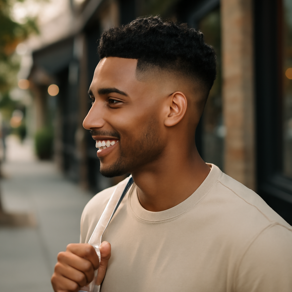 high taper fade black male - 3/4 Profile View