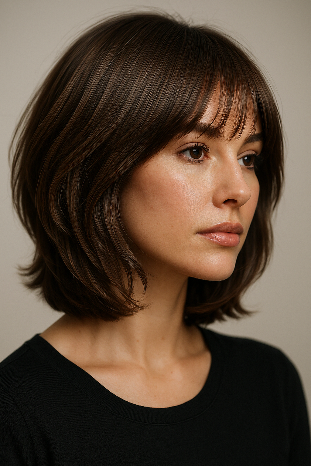 Layered Bob with Bangs: The Soft, Face-Framing Bob Haircut That Works Overtime - 3/4 Profile
