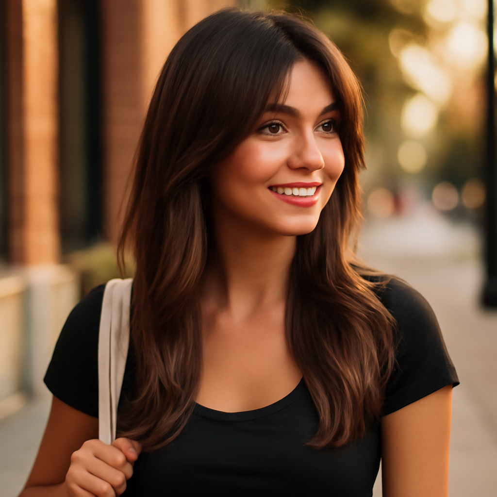 long curtain bangs - 3/4 Profile View