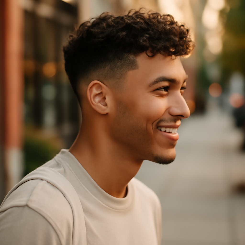 low fade curly hair - 3/4 Profile View
