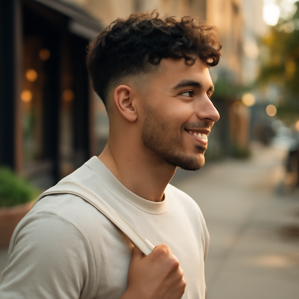low taper curly hair - 3/4 Profile View
