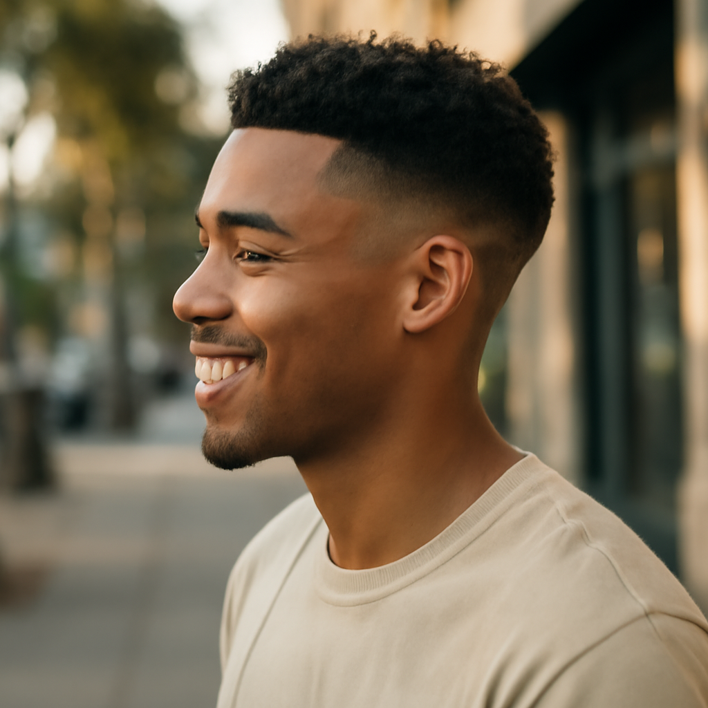 low taper fade black male - 3/4 Profile View