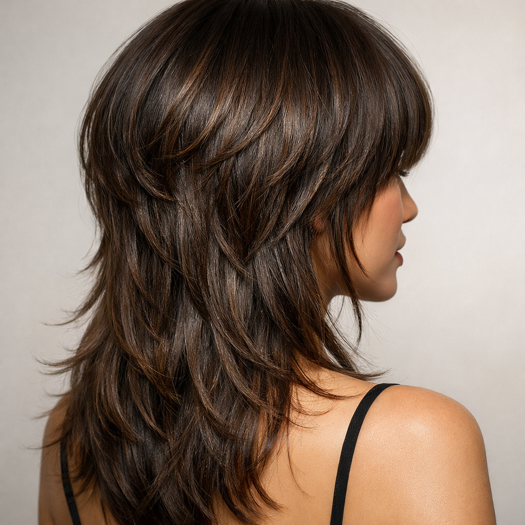 Mushroom Cut for Long + Layered Hair: Modern, Face-Framing Volume with Soft Shag Energy: long layers - Back View