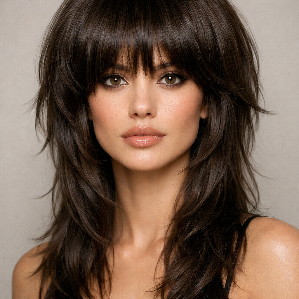 Mushroom Cut for Long + Layered Hair: Modern, Face-Framing Volume with Soft Shag Energy: long layers - Front View