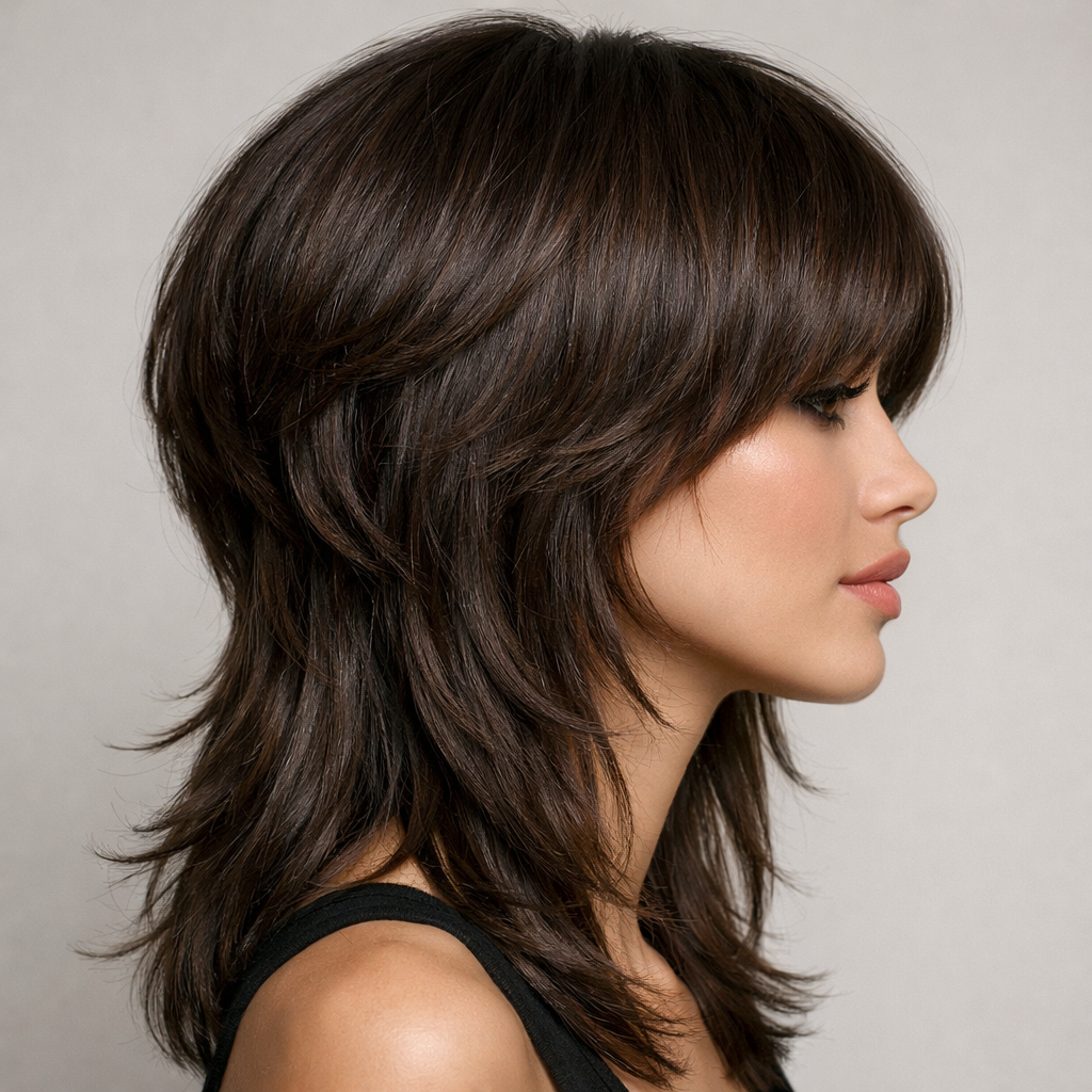 Mushroom Cut for Long + Layered Hair: Modern, Face-Framing Volume with Soft Shag Energy: long layers - Side View
